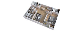 A 3D floor plan of a house with a kitchen, living room, and two bedrooms.