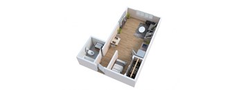 an overhead view of a bedroom with a living room