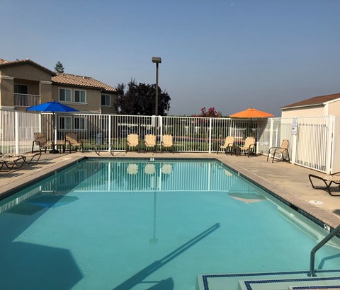 A swimming pool with a blue umbrella and orange umbrella in the background.