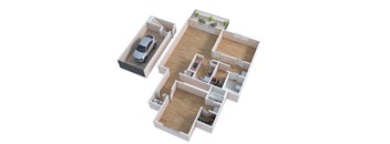 a 3d floor plan of a house with a car