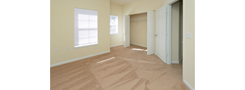 A room with a carpeted floor and two open doors.