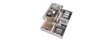 A 3D floor plan of a house with two bedrooms, a living room, a kitchen, and a bathroom.