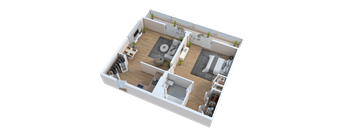 A 3D rendered image of a house layout.
