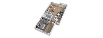 A 3D floor plan of a small apartment with a kitchen, living room, and bedroom.