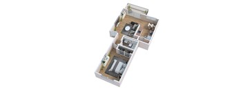 A 3D floor plan of a house layout.