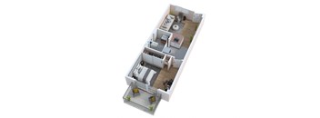 a stylized floor plan with a bedroom and a living room