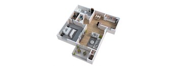 a bedroom with a living room and a dining room
