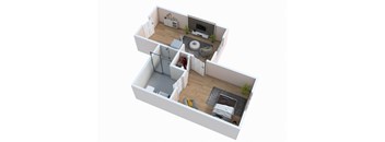 an overhead view of a house with a living room and a fireplace