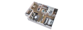A 3D floor plan of a house with a living room, kitchen, dining room, and bedrooms.