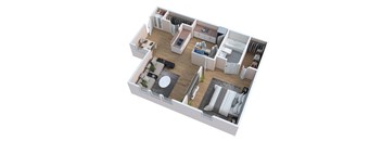 A 3D floor plan of a house showing the layout of the rooms.