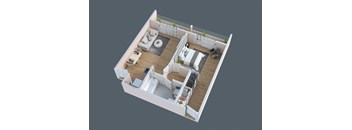 a 3d floor plan of a home with a bedroom and a living room