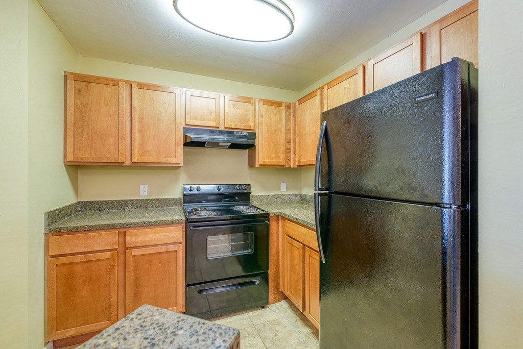 A kitchen with a black refrigerator, wooden cabinets, and a granite countertop.