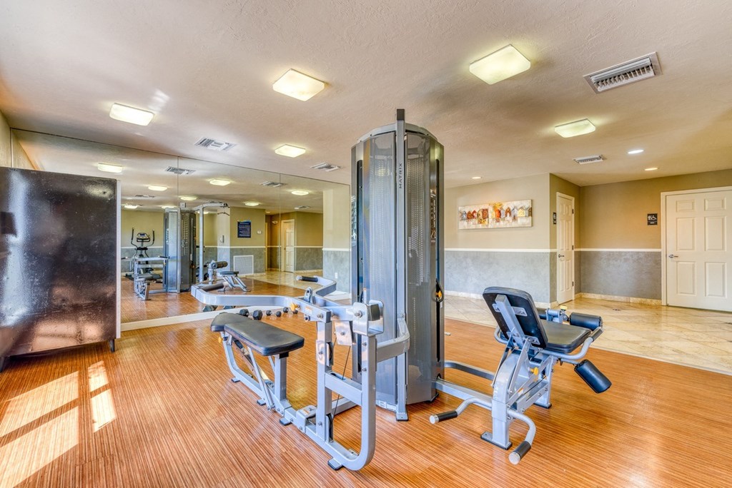 A gym with a variety of equipment including a leg press machine.