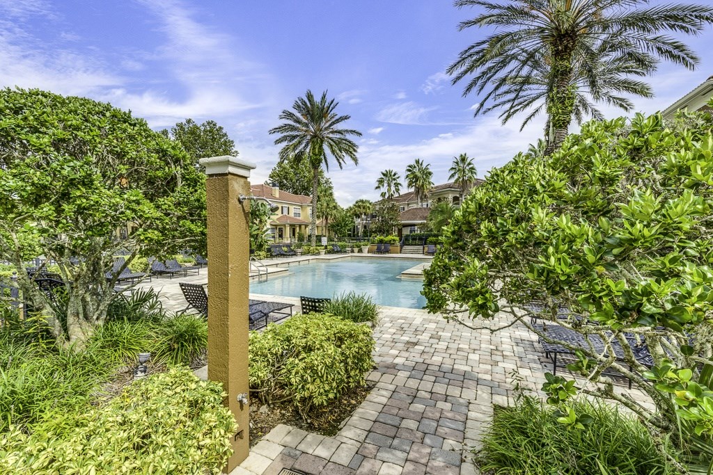 A pool surrounded by greenery and a building in the background.