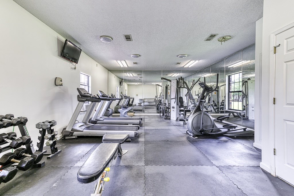 A spacious gym with a variety of equipment including treadmills, weights, and exercise machines.