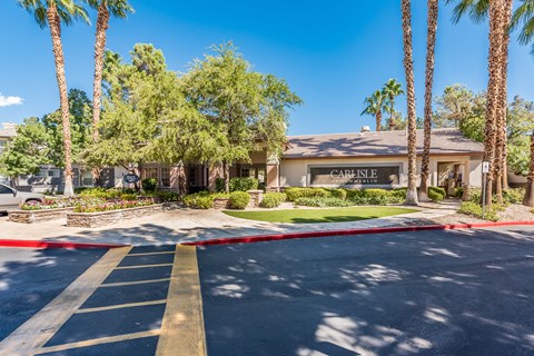 a parking lot in front of a building with palm trees