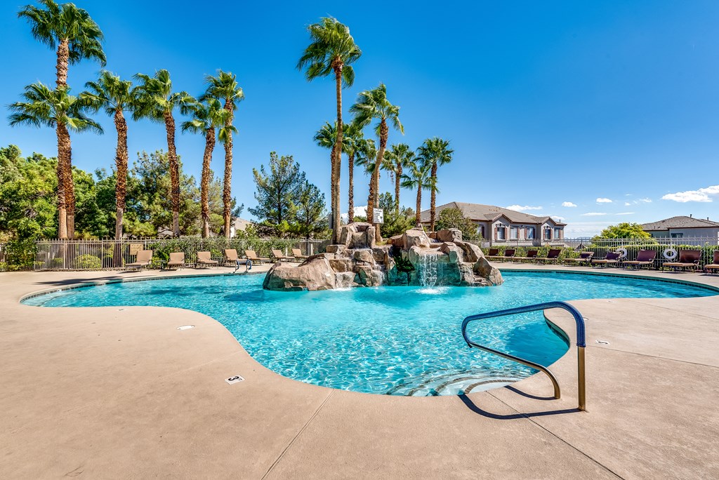 our resort style swimming pool is surrounded by palm trees