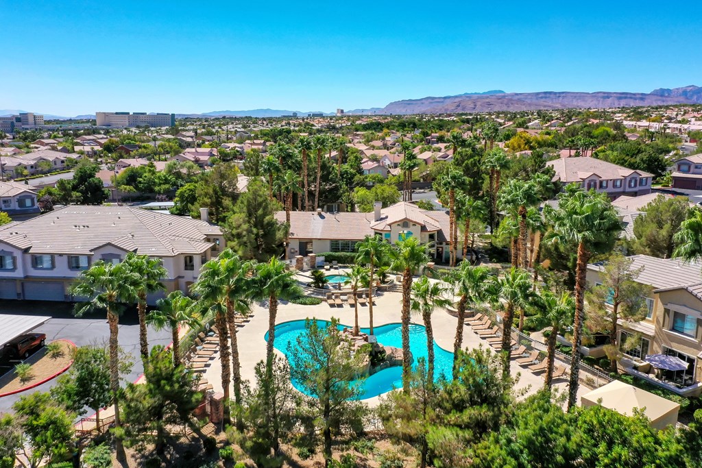 an aerial view of a swimming pool with palm trees     and houses
