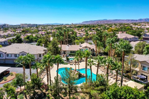 an aerial view of a swimming pool with palm trees     and houses