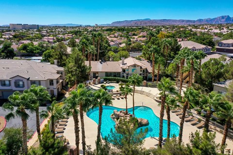 an aerial view of a swimming pool with palm trees and houses