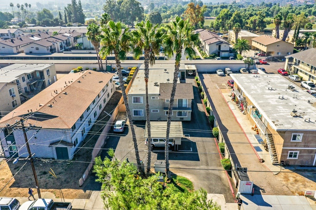 A residential area with houses and palm trees.