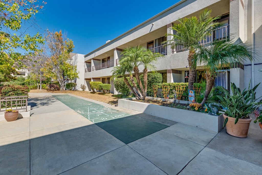 A courtyard with a basketball court and palm trees.