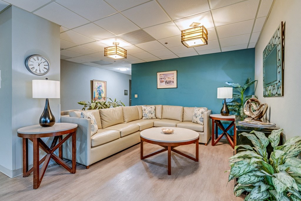 A living room with a couch, coffee table, and plants.
