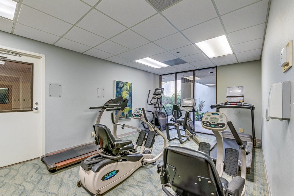 A gym room with treadmills and exercise bikes.