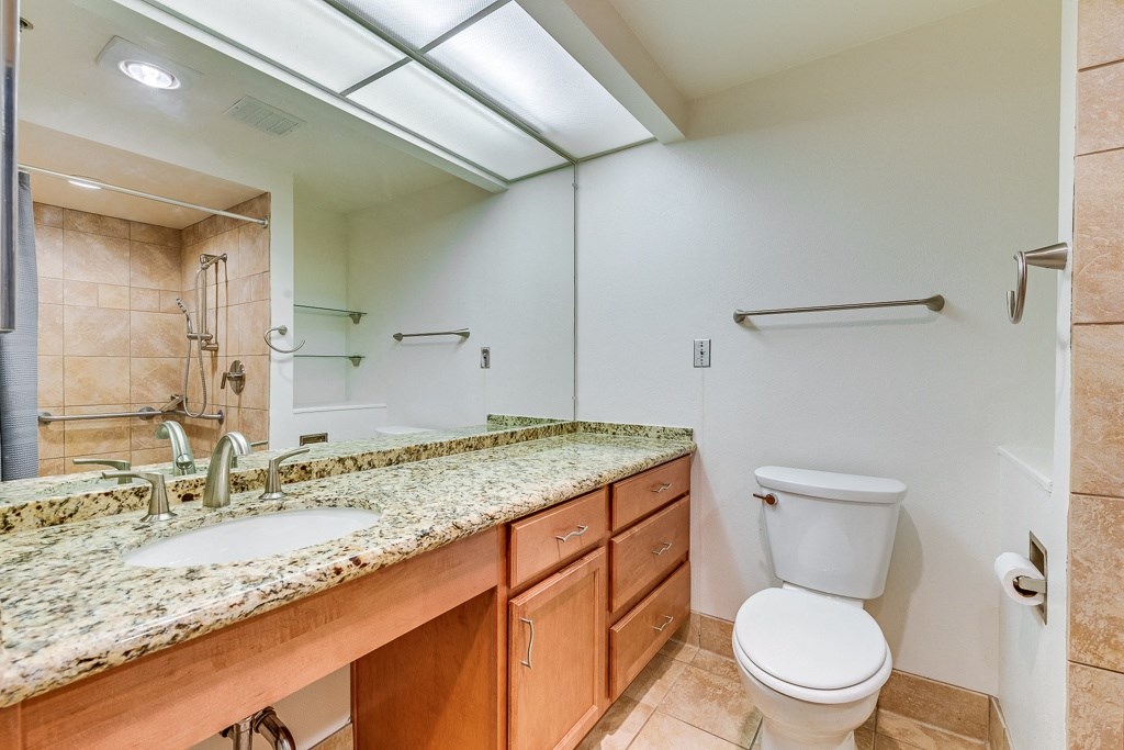 A bathroom with a granite countertop and a white toilet.