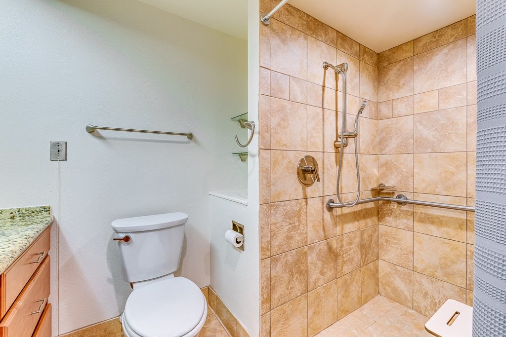 A bathroom with a toilet and a walk in shower.