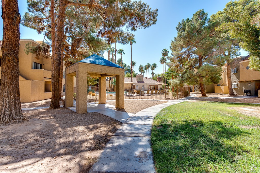 a gazebo at the whispering winds apartments in pearland at Pacific Harbors Sunrise Apartments, Las Vegas, NV, 89142
