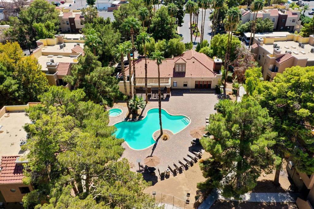 an aerial view of the resort style pool and hot tub at Pacific Harbors Sunrise Apartments, Las Vegas, NV