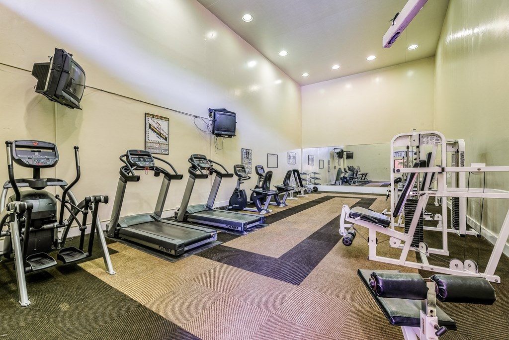 a gym with treadmills and other exercise equipment