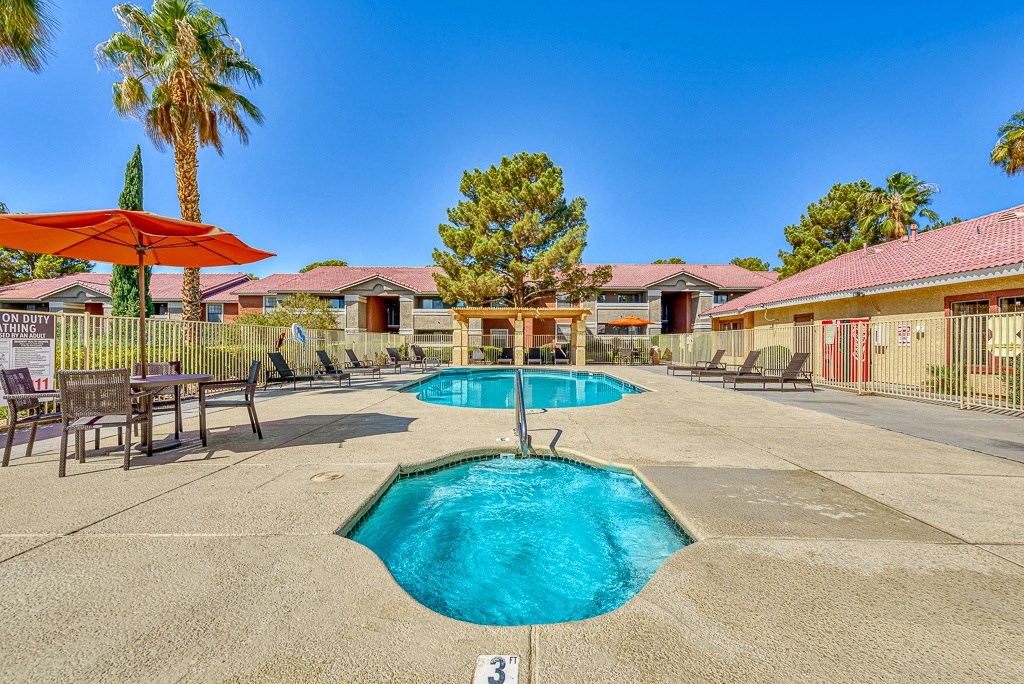our apartments have a resort style swimming pool with umbrellas