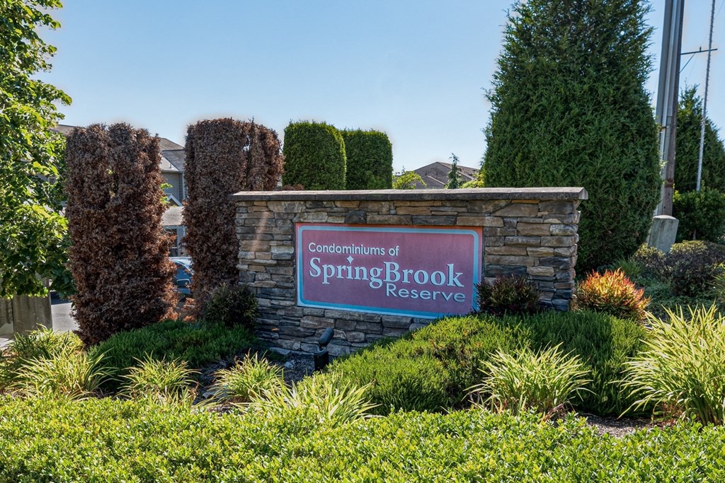 entrance monument sign on stone structure reading Springbrook Reserve
