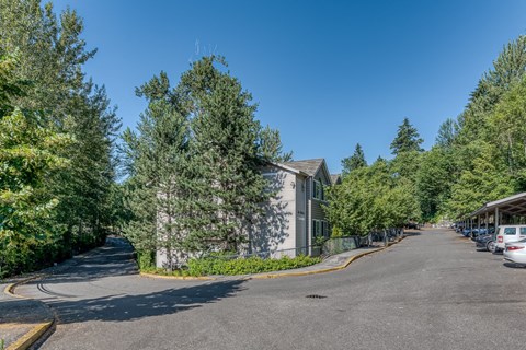 a house on the corner of a street with trees