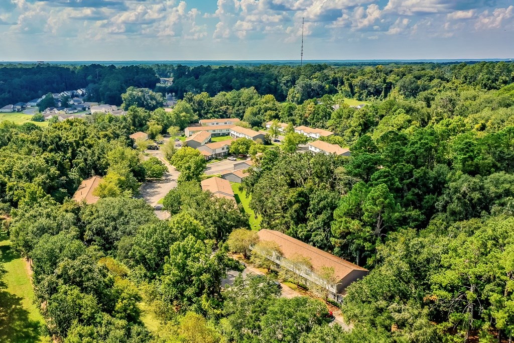 A bird's eye view of a residential area surrounded by dense green forest.