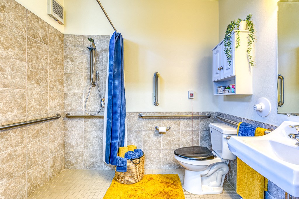 bathroom with handrail and walk in shower