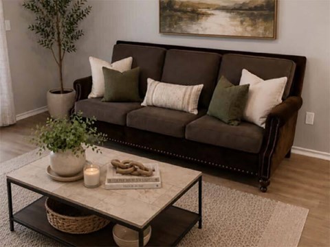 A living room with a brown couch, a coffee table, and a plant.