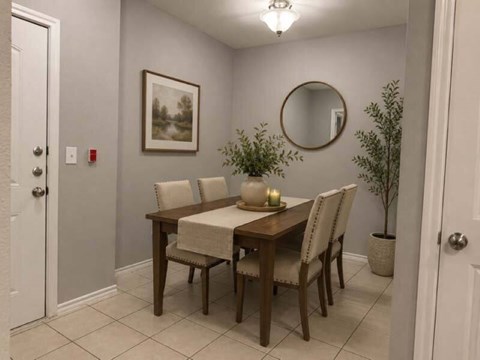 A dining room with a wooden table and chairs.