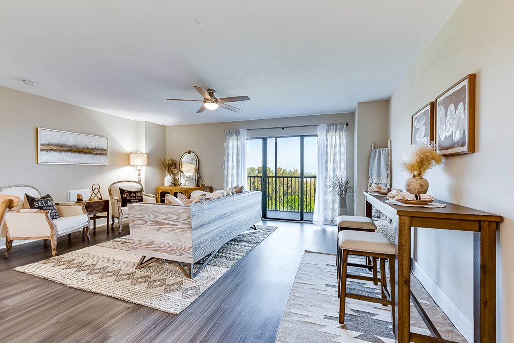 a living room with a couch and a table