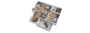 an overhead view of the living room and dining room of an apartment