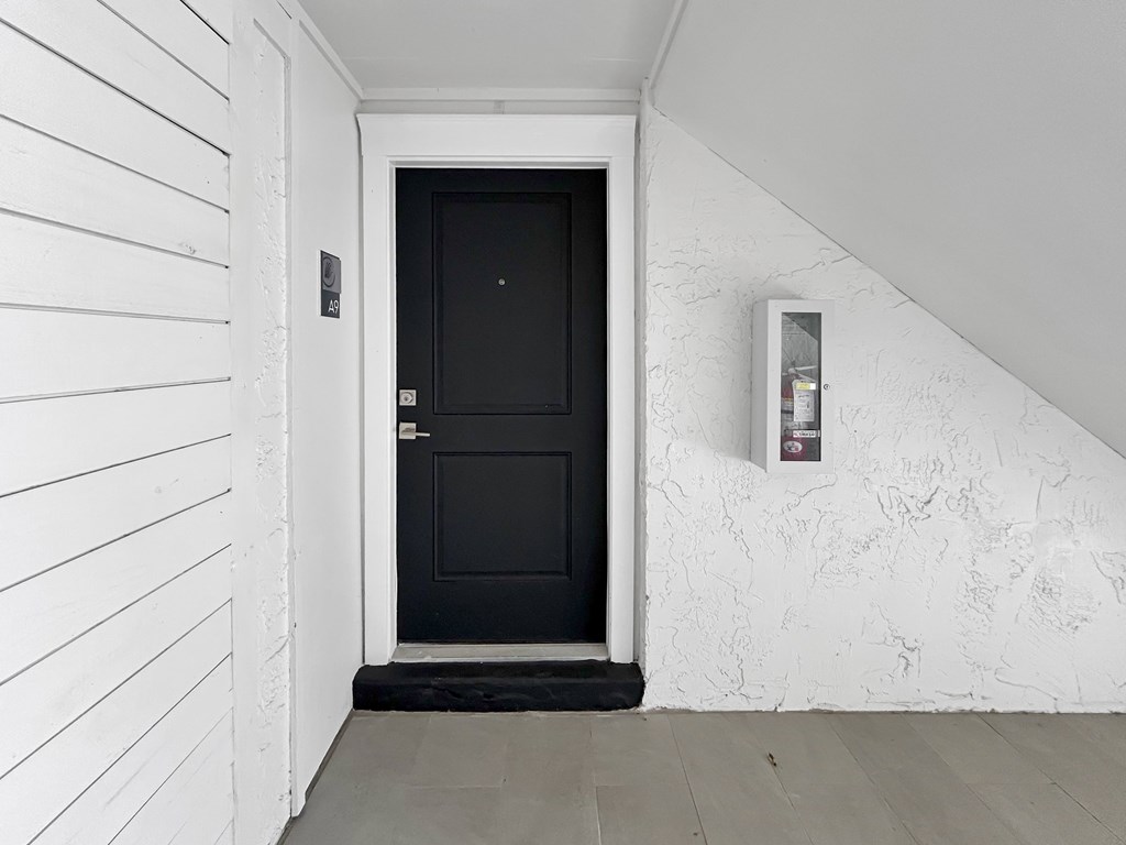 A black door is in a white hallway.