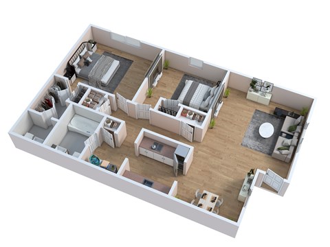 A top-down view of a house layout with multiple rooms and furniture.