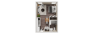 A small, neatly organized bathroom with a toilet, sink, and a mirror.