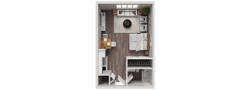 A top-down view of a small, neatly organized kitchen and dining area.