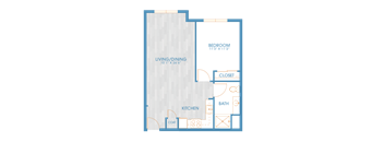 A floor plan of a bedroom with a living/dining area and kitchen.