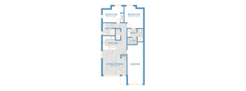 A floor plan of a house with two bedrooms, a garage, a kitchen, a dining room, and a bathroom.