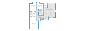 A floor plan of a house with two bedrooms, a garage, a kitchen, a dining room, and a patio.