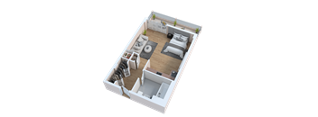 A 3D rendered image of a small apartment layout.